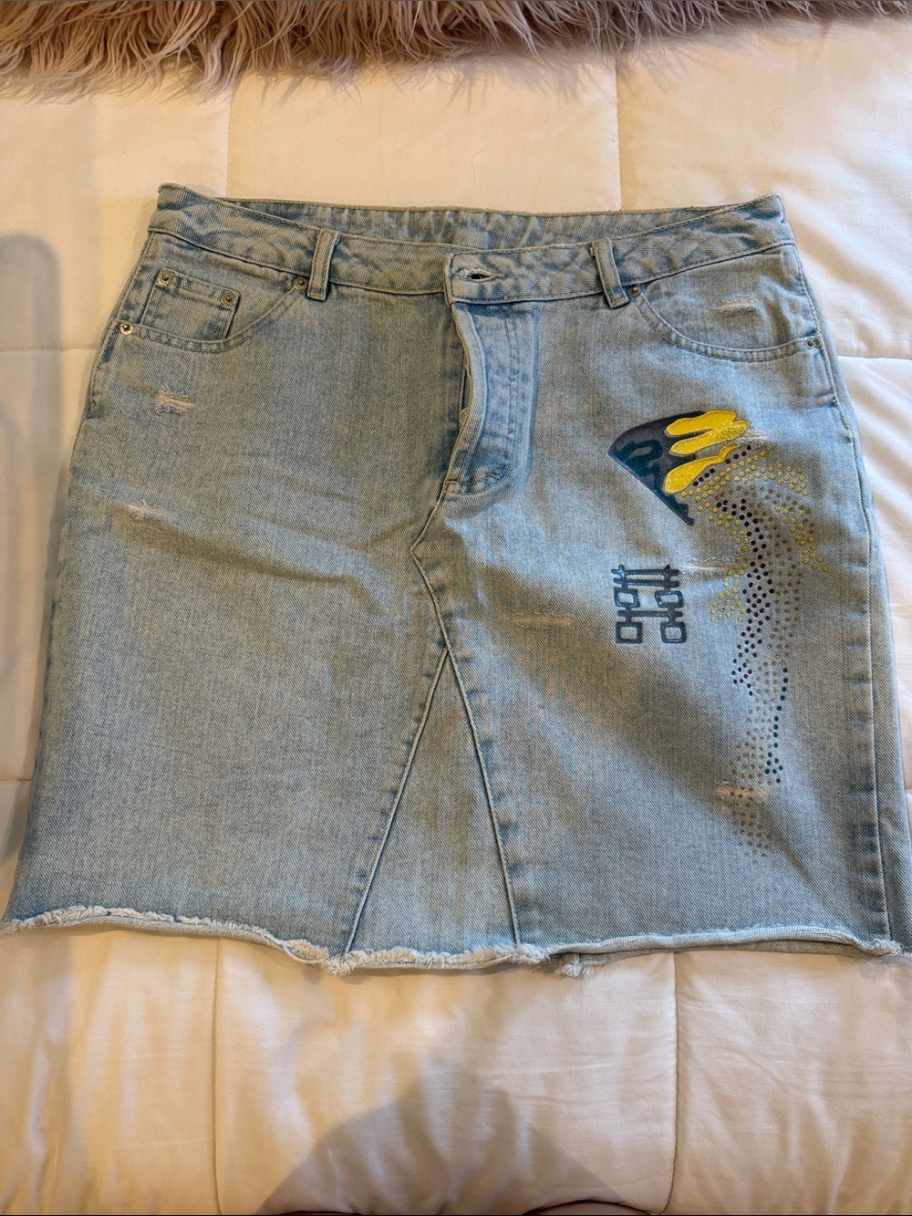 Light Wash Denim Mini Skirt with Yellow Accent